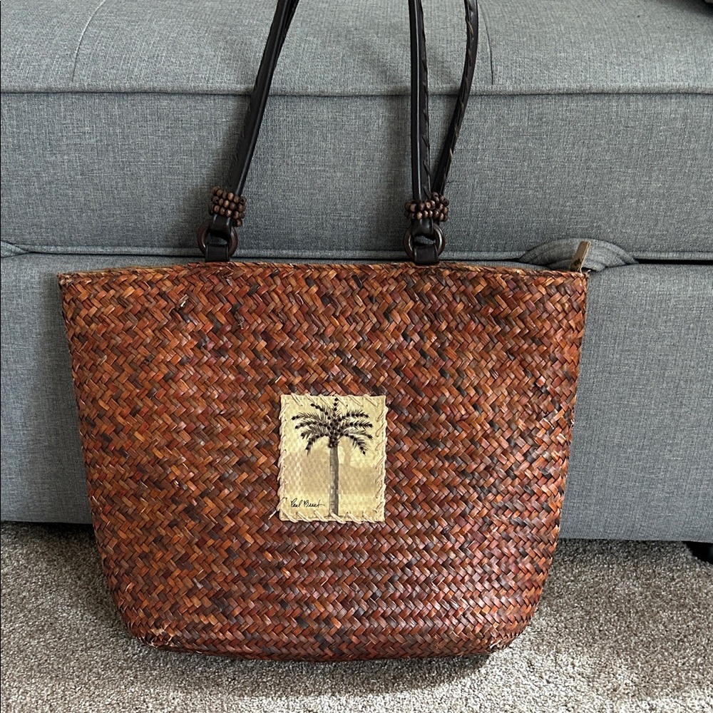 Elegant Brown Woven Tote with Palm Design